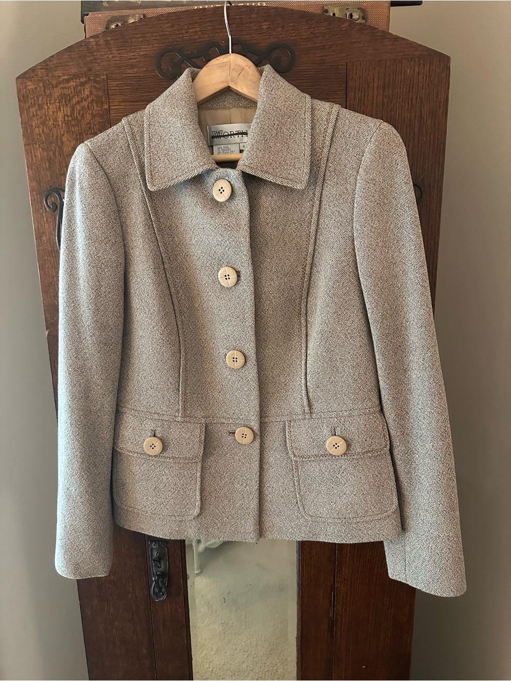 Worth Women's Taupe Button-Front Wool Blend Jacket Blazer Size 8 Work